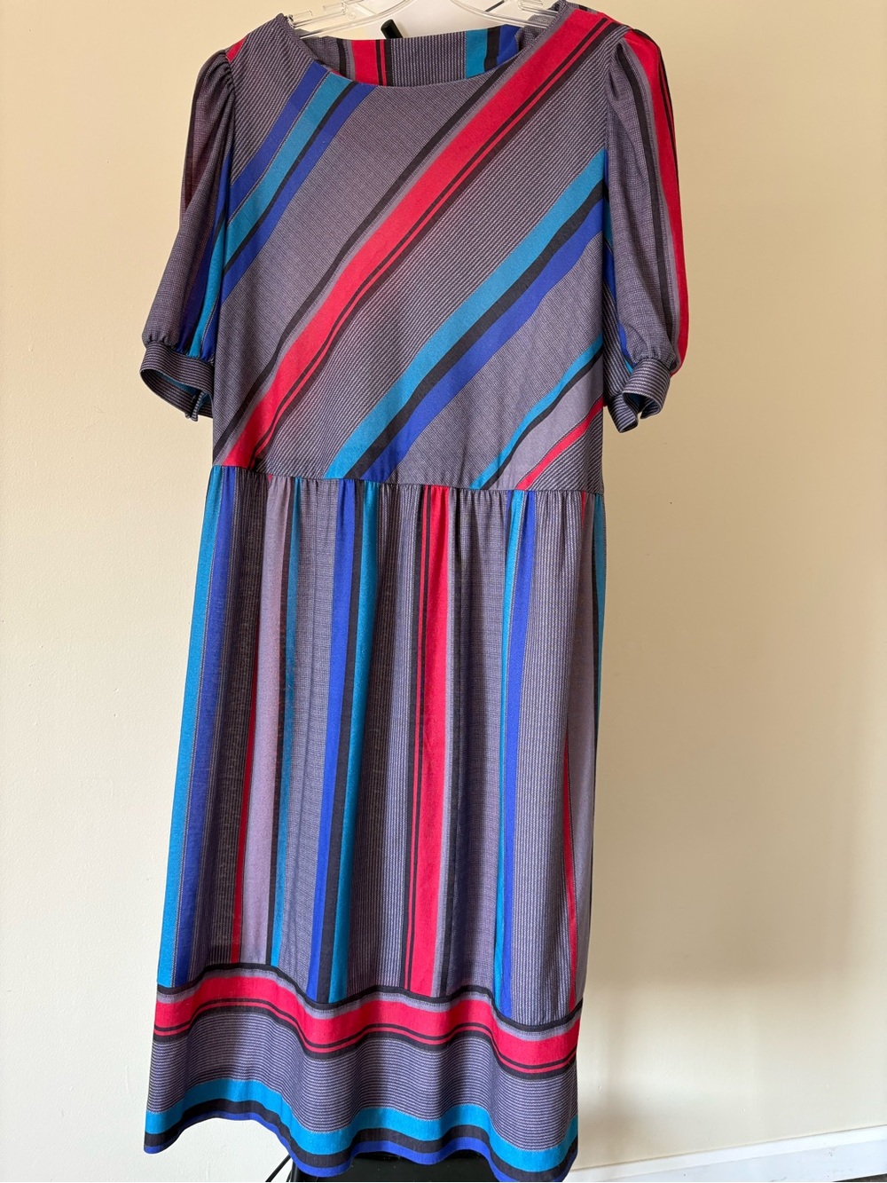 Vintage America Gray Midi Dress with Red & Blue Stripes
